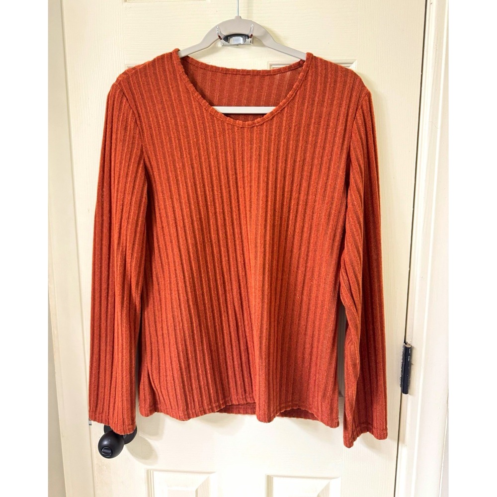 Women's Brown Solid Rib-Knit Crew Neck Long Sleeve Stretch Pullover Sweater L